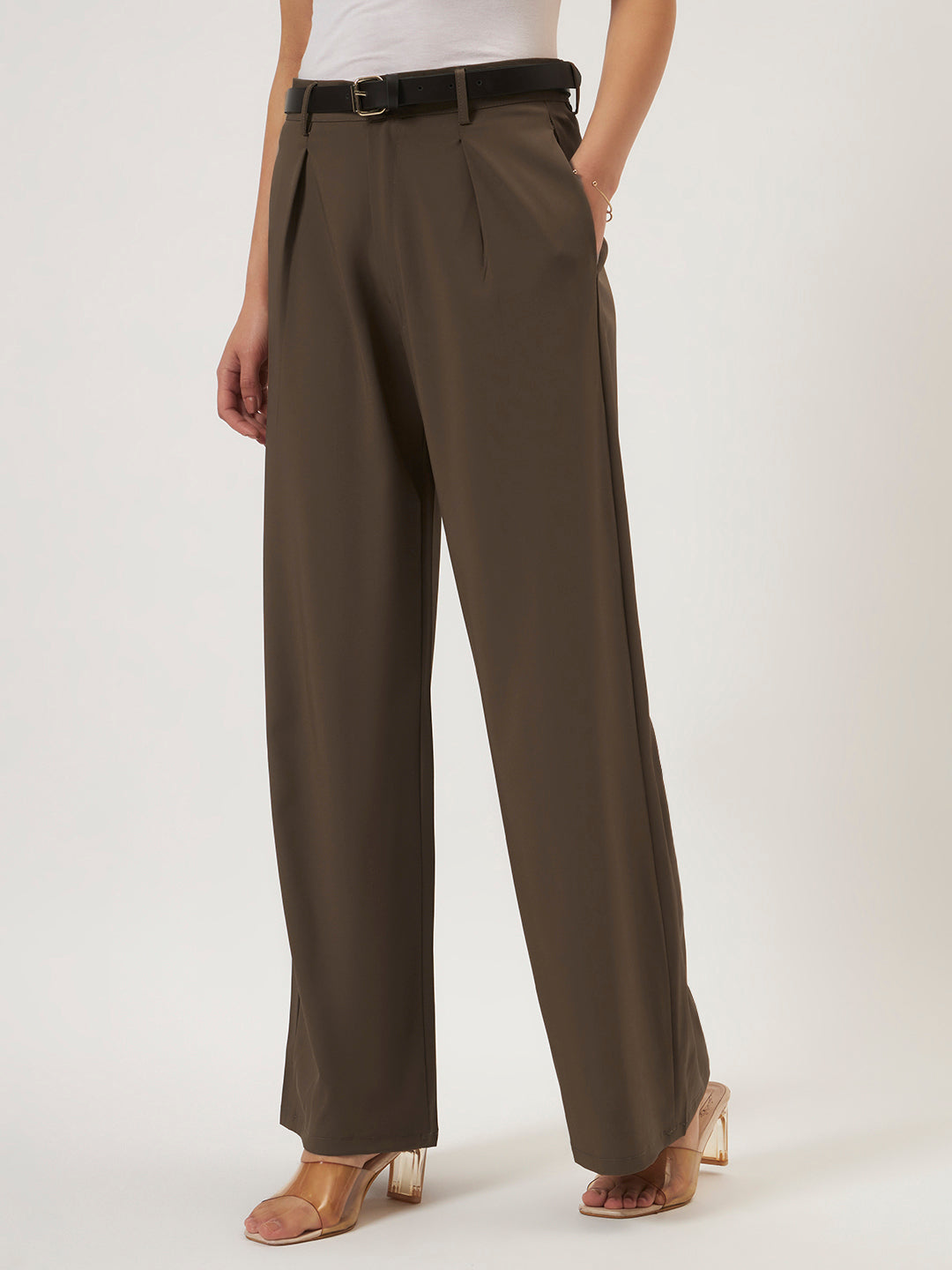 KOREAN PANTS WITH FREE BELT DARK BROWN