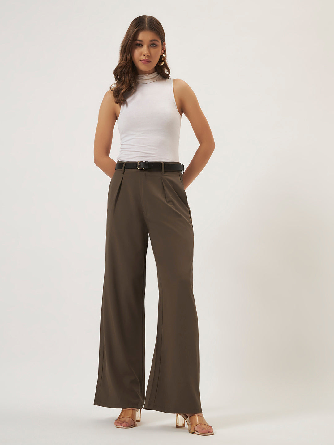KOREAN PANTS WITH FREE BELT DARK BROWN