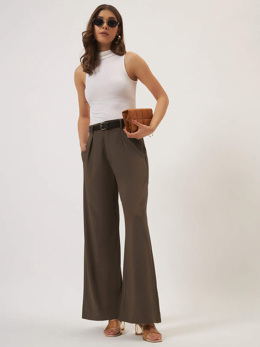 KOREAN PANTS WITH FREE BELT DARK BROWN