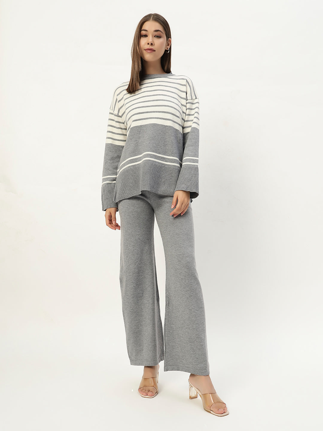 STRIPED WOOLEN COORD SET LIGHT GREY