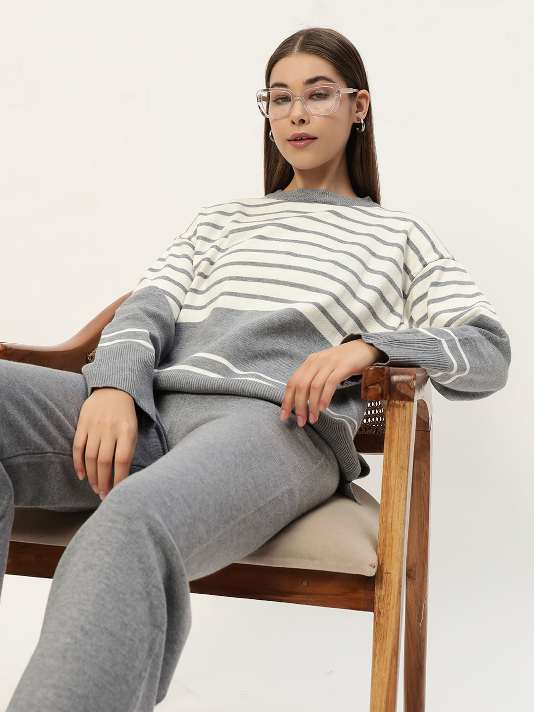 STRIPED WOOLEN COORD SET LIGHT GREY