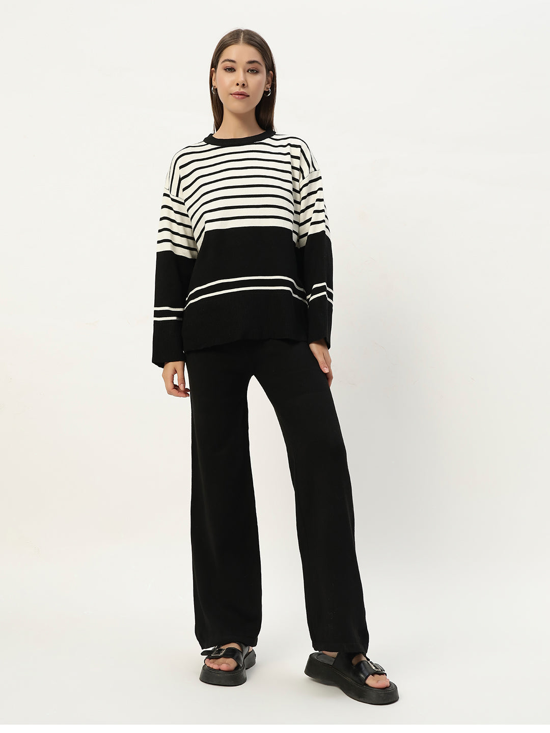 STRIPED WOOLEN COORD SET BLACK
