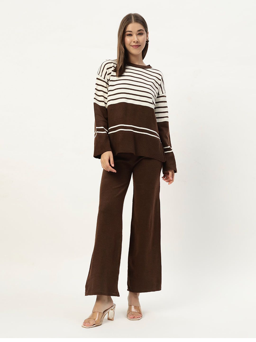 STRIPED WOOLEN COORD SET BROWN
