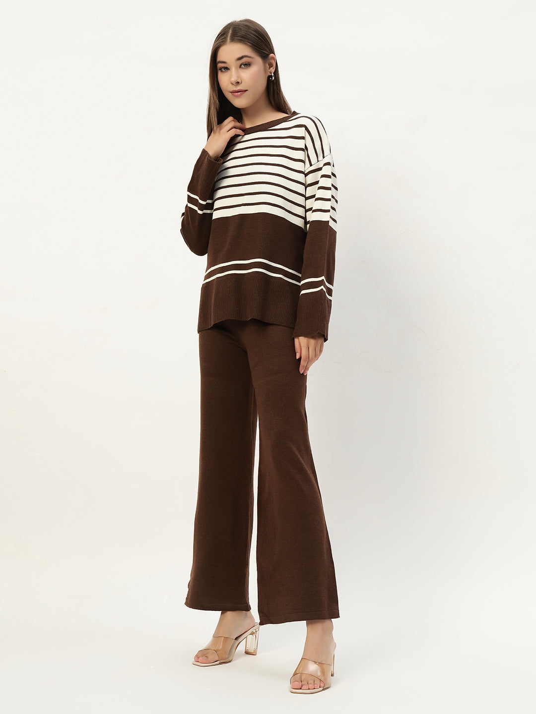 STRIPED WOOLEN COORD SET BROWN