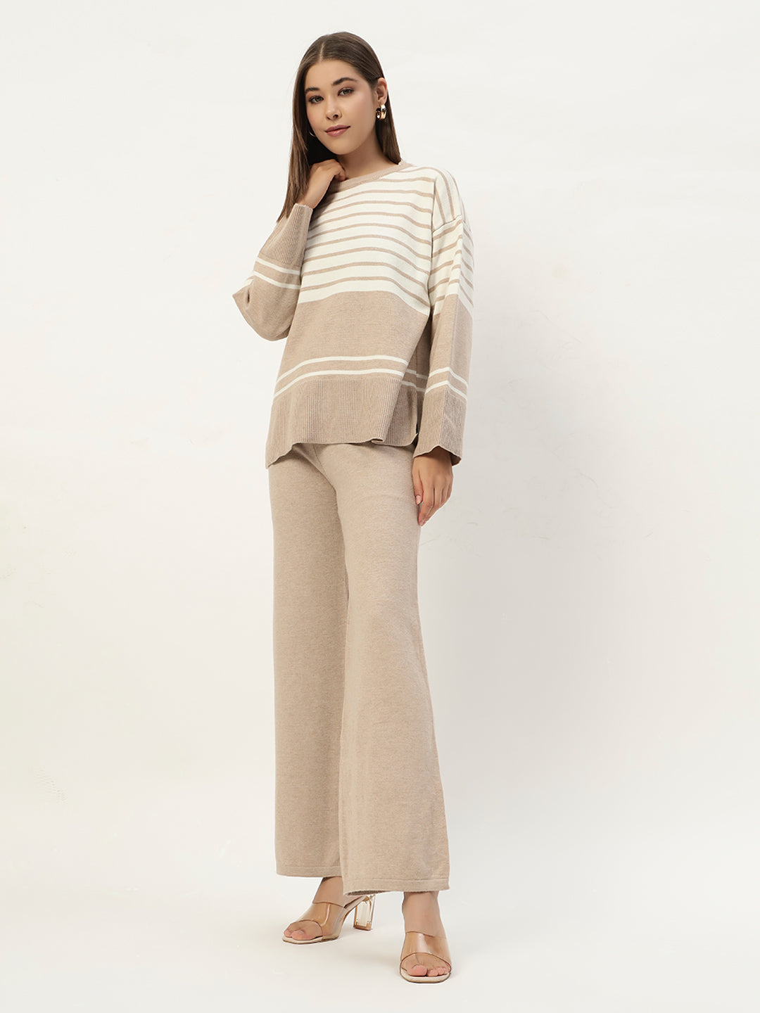 STRIPED WOOLEN COORD SET BEIGE