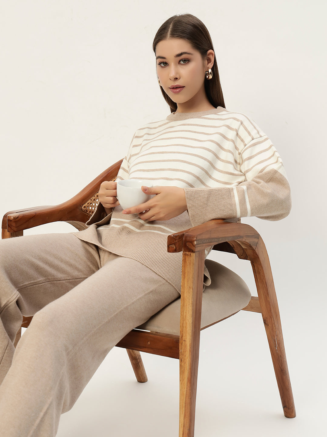 STRIPED WOOLEN COORD SET BEIGE