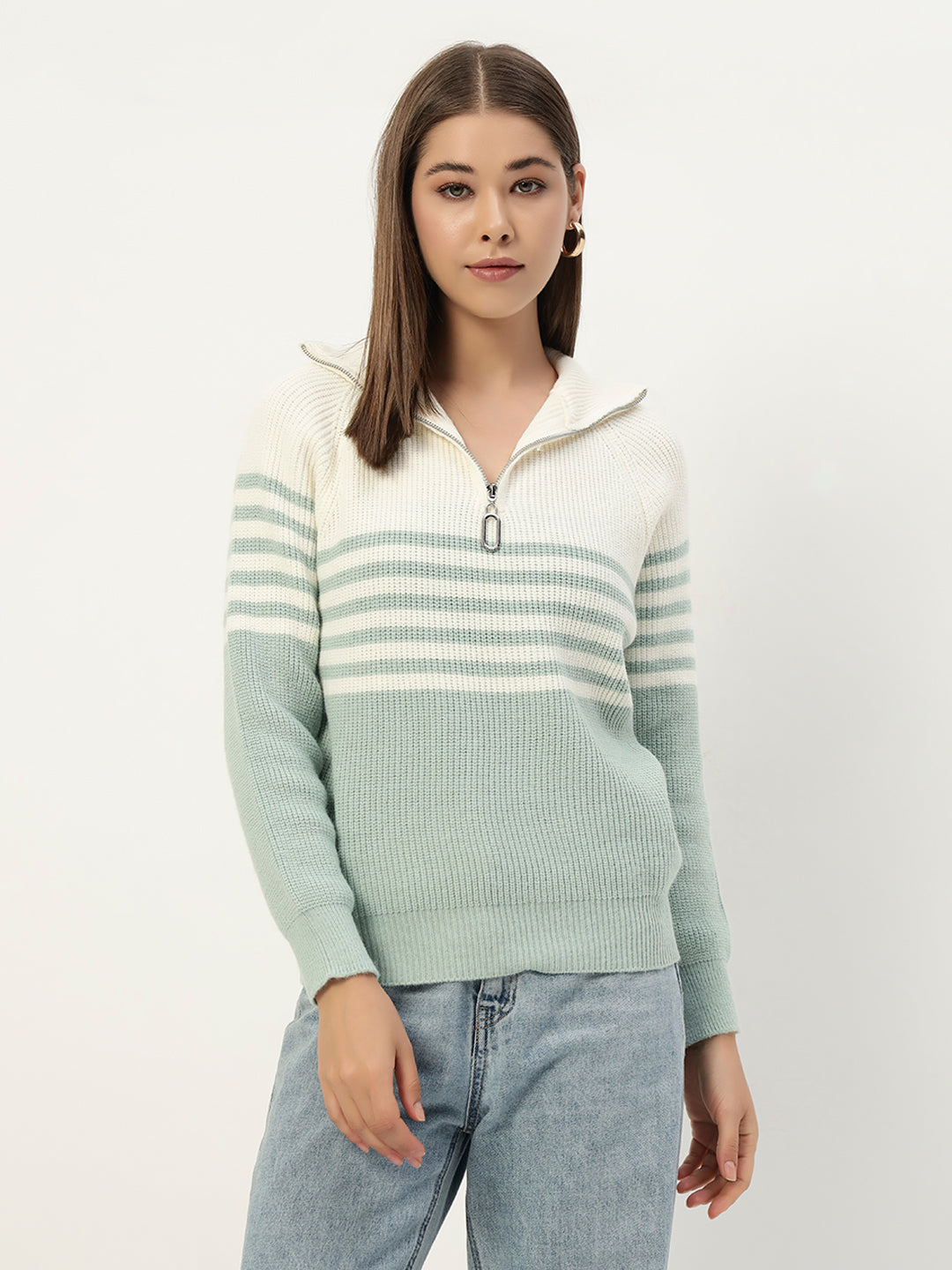 CLASSIC STRIPED HALF ZIPPER MINT GREEN