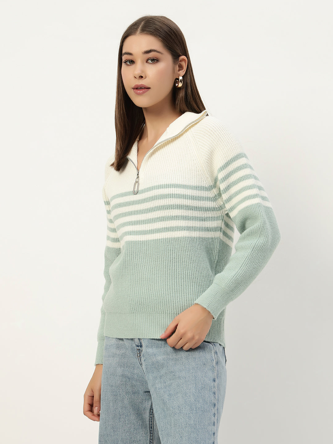 CLASSIC STRIPED HALF ZIPPER MINT GREEN