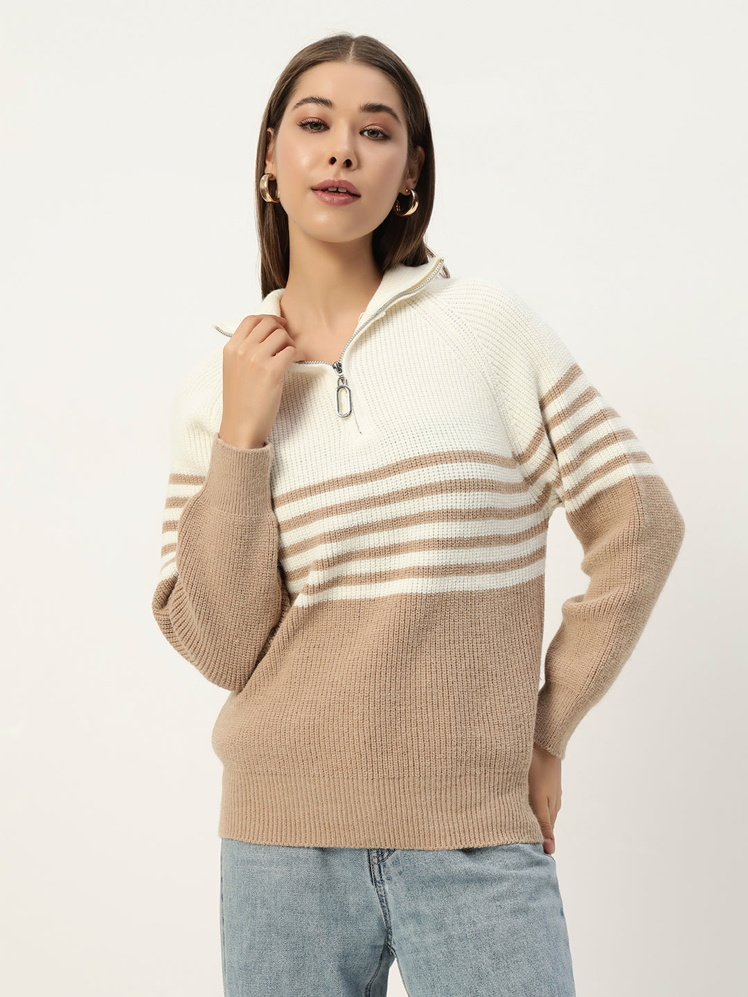 CLASSIC STRIPED HALF ZIPPER BEIGE