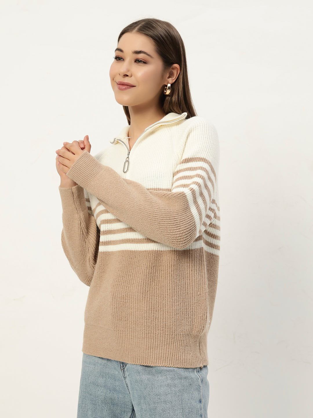 CLASSIC STRIPED HALF ZIPPER BEIGE