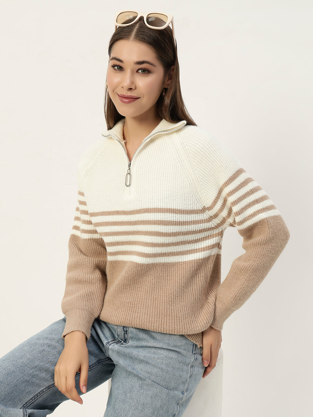 CLASSIC STRIPED HALF ZIPPER BEIGE