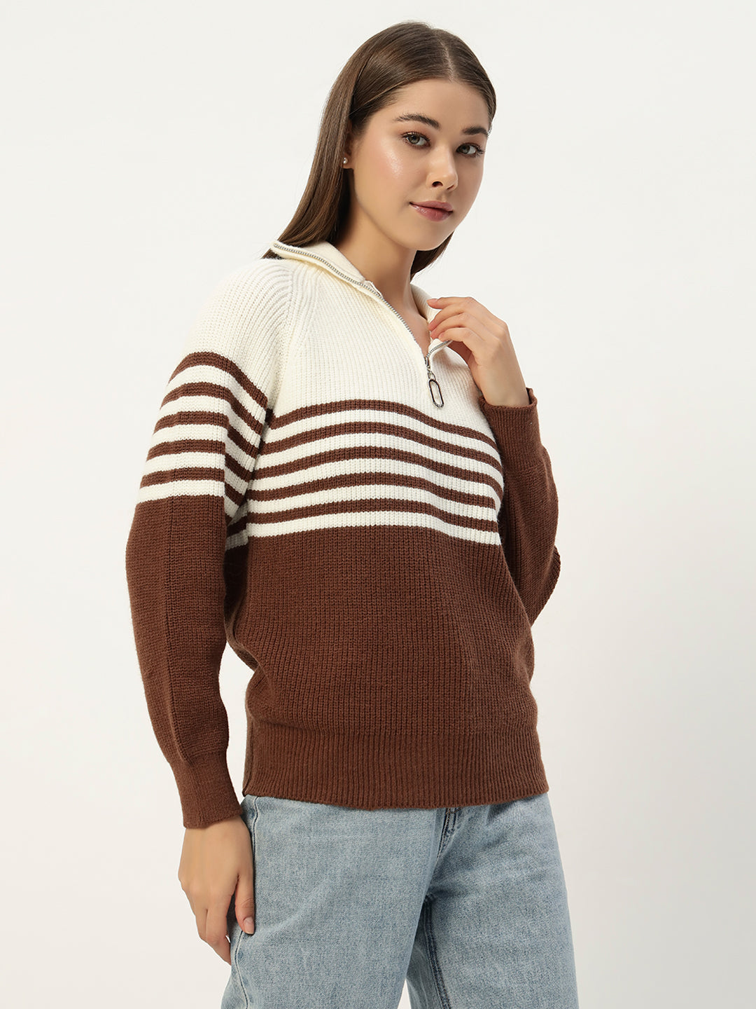 CLASSIC STRIPED HALF ZIPPER BROWN