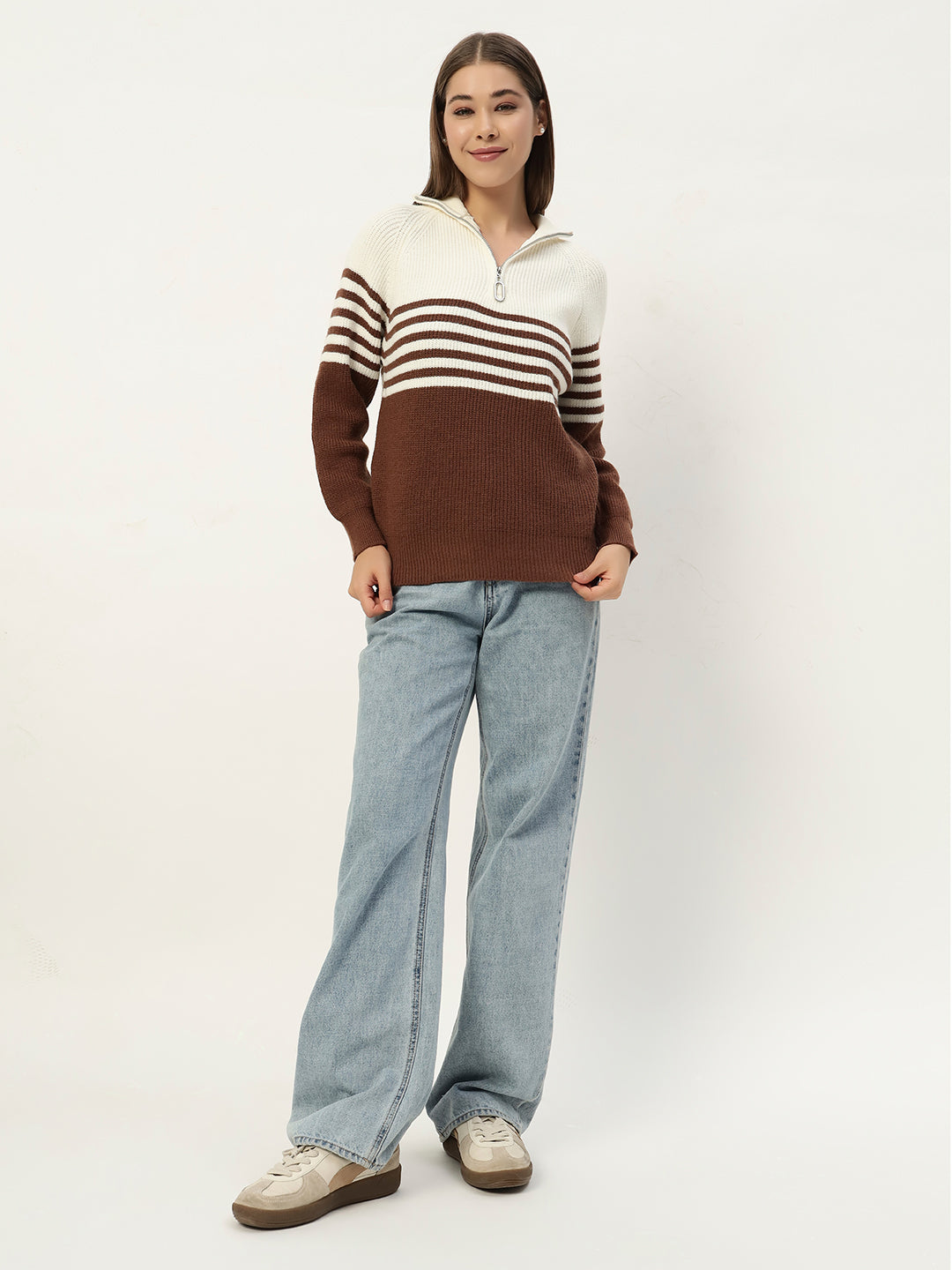 CLASSIC STRIPED HALF ZIPPER BROWN