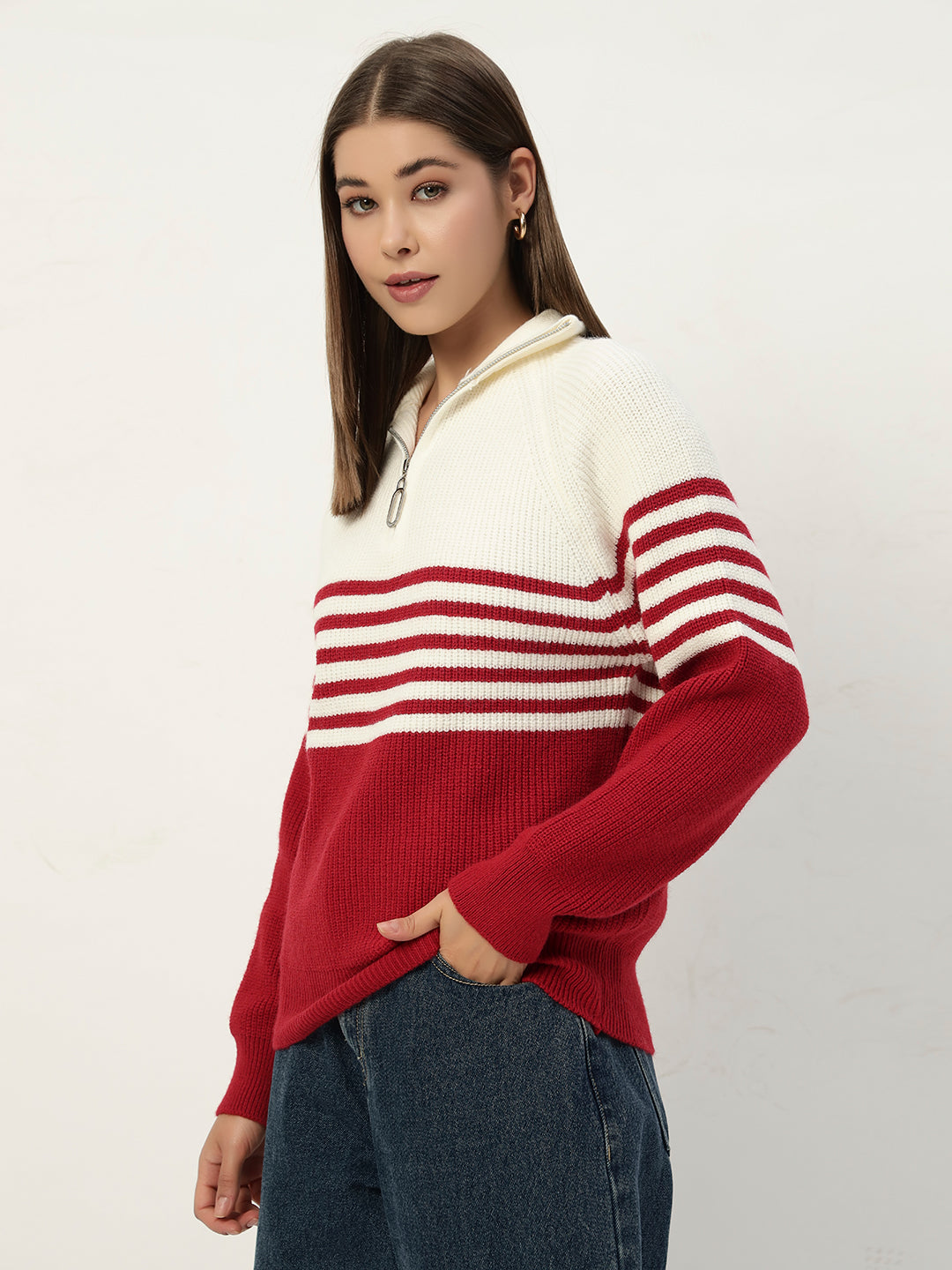 CLASSIC STRIPED HALF ZIPPER RED