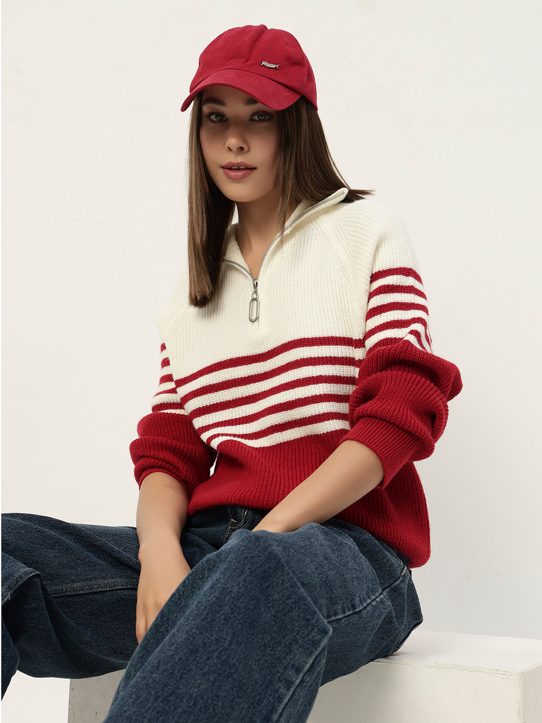 CLASSIC STRIPED HALF ZIPPER RED