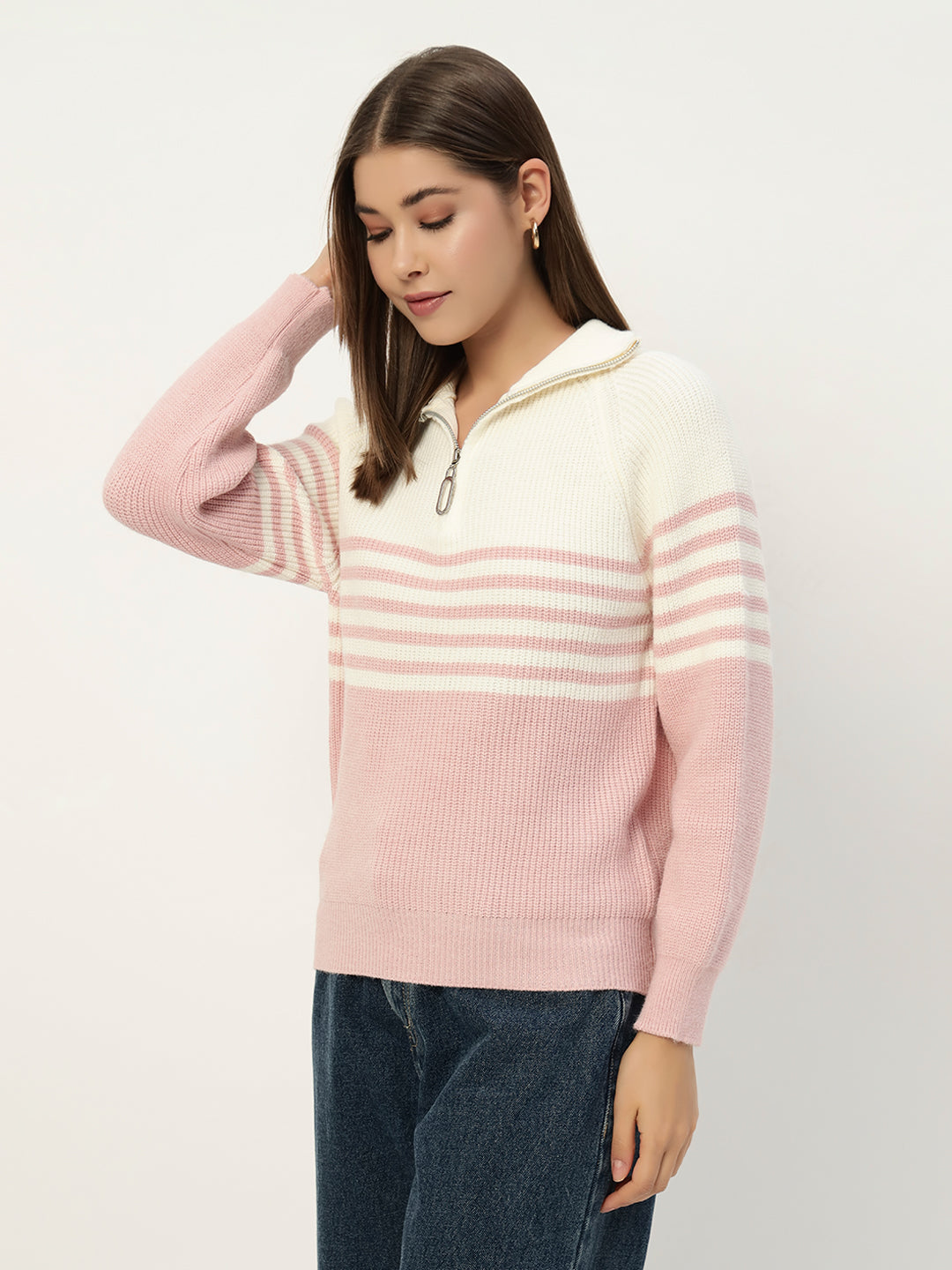 CLASSIC STRIPED HALF ZIPPER PINK