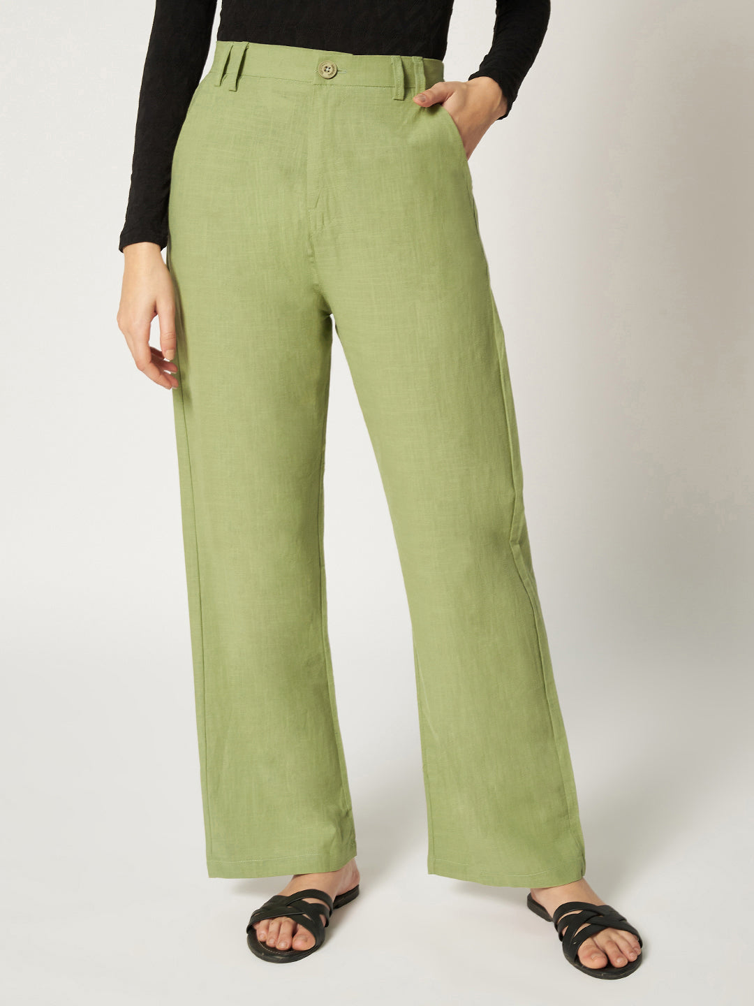 WOMEN ORGANIC LINEN TROUSER-MINTY GREEN