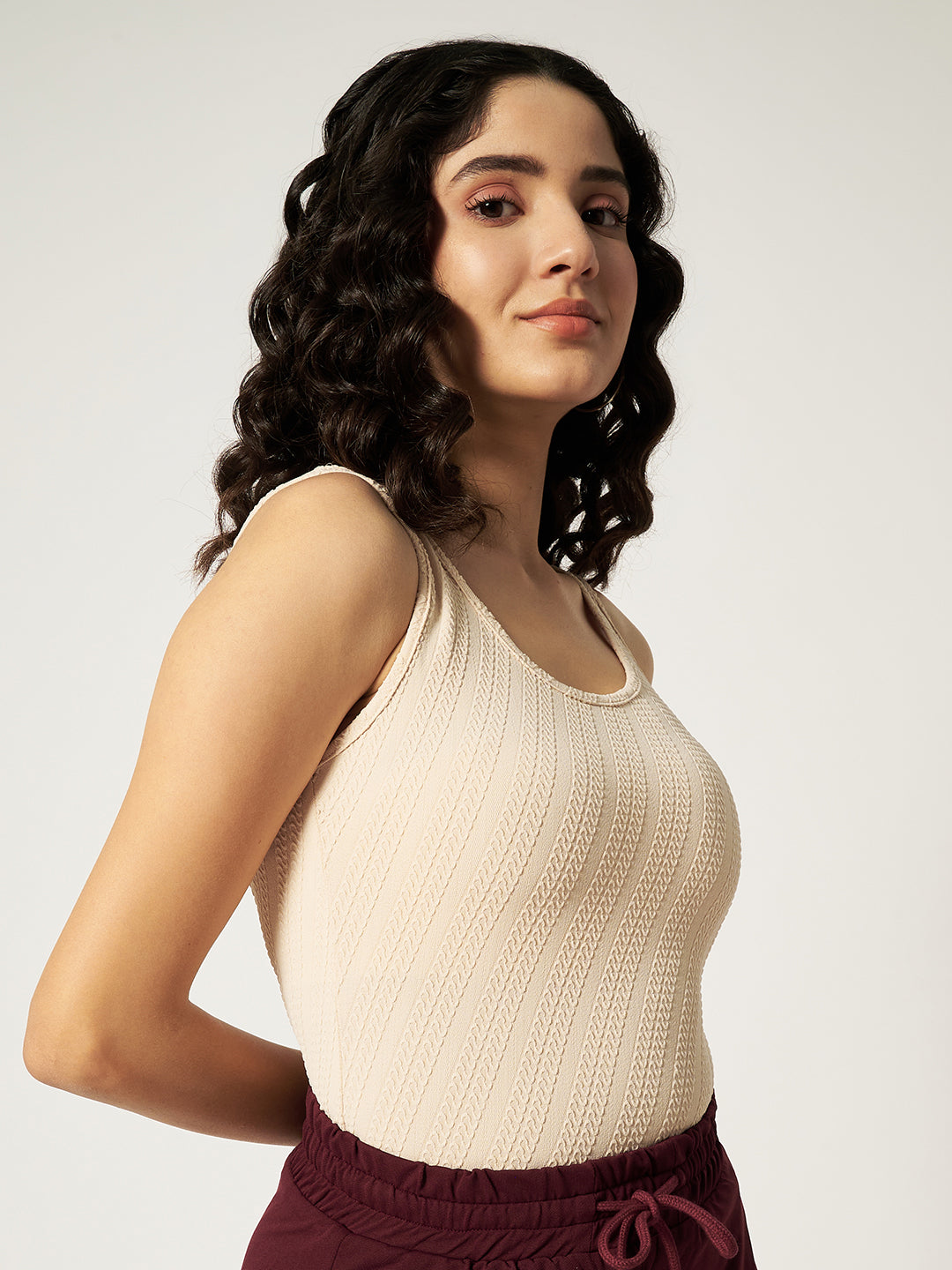 CUT SLEEVE BODYSUIT-BEIGE