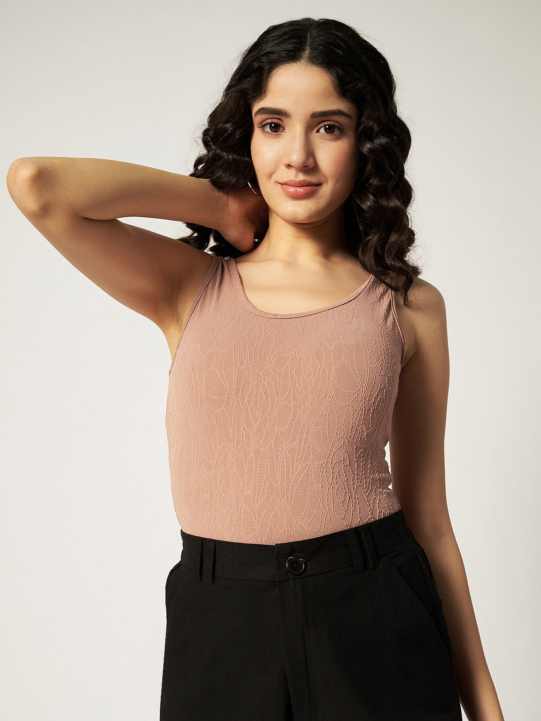 CUT SLEEVE BODYSUIT-SKINY BROWN
