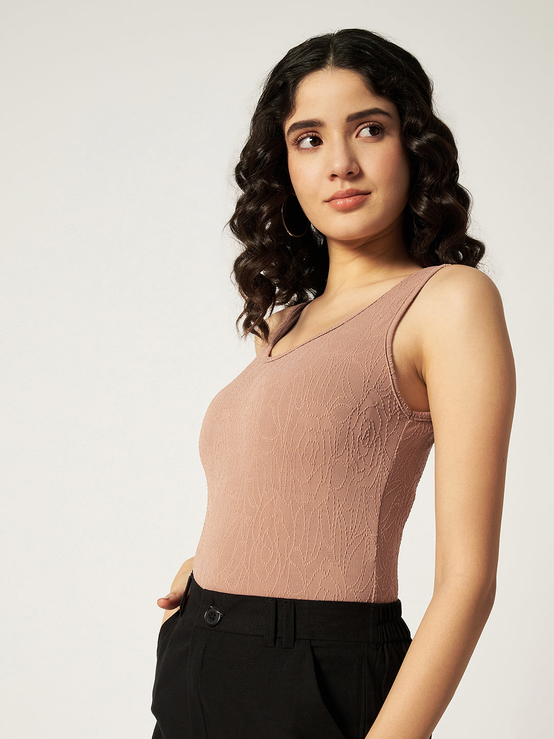 CUT SLEEVE BODYSUIT-SKINY BROWN