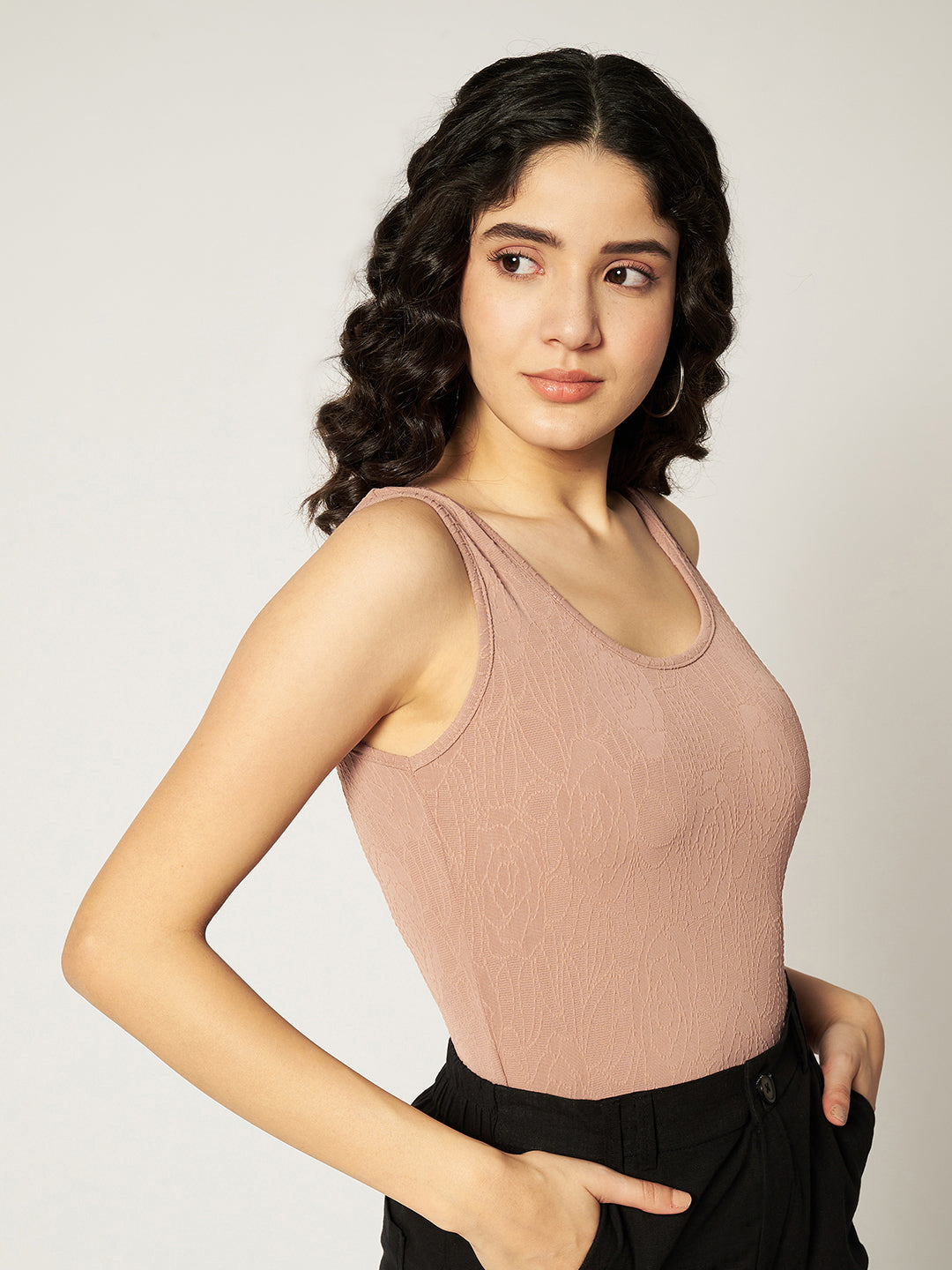 CUT SLEEVE BODYSUIT-SKINY BROWN