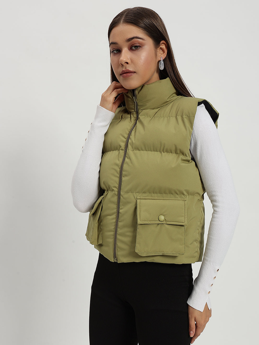 WOMEN CARGO PUFF JACKET REVERSIBLE GREEN AND BLACK