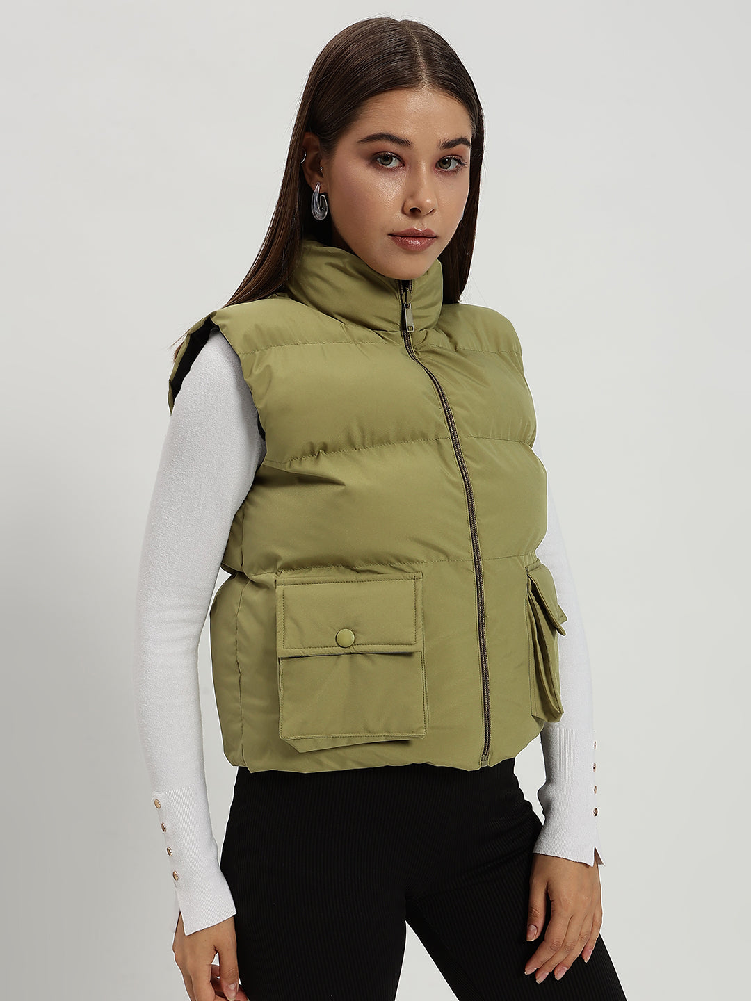 WOMEN CARGO PUFF JACKET REVERSIBLE GREEN AND BLACK