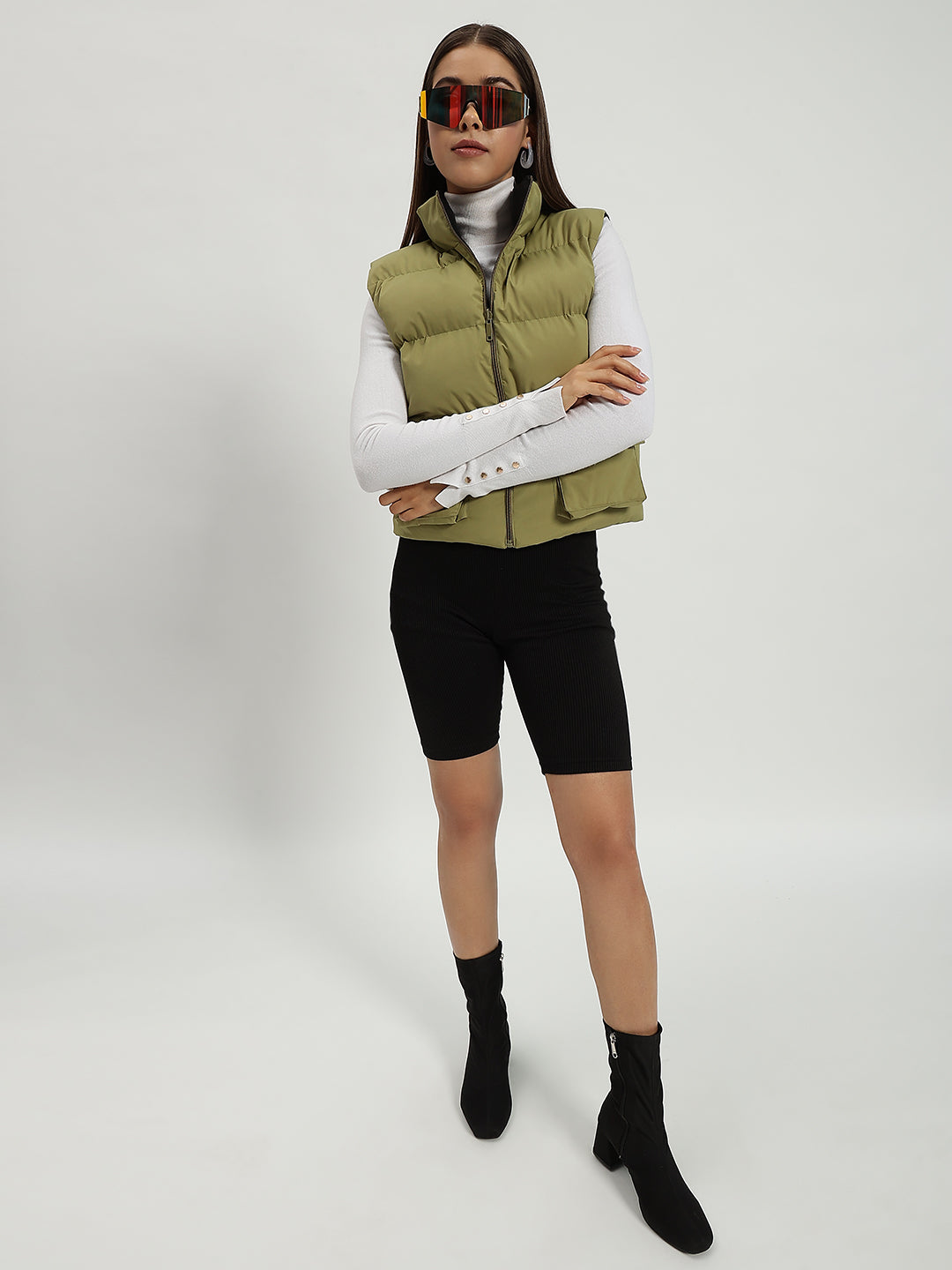 WOMEN CARGO PUFF JACKET REVERSIBLE GREEN AND BLACK