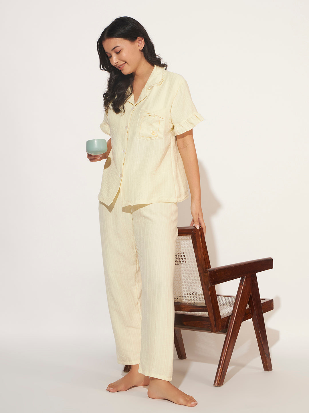 PADDED 3 PC KOREAN NIGHTSUIT SET BUTTER YELLOW