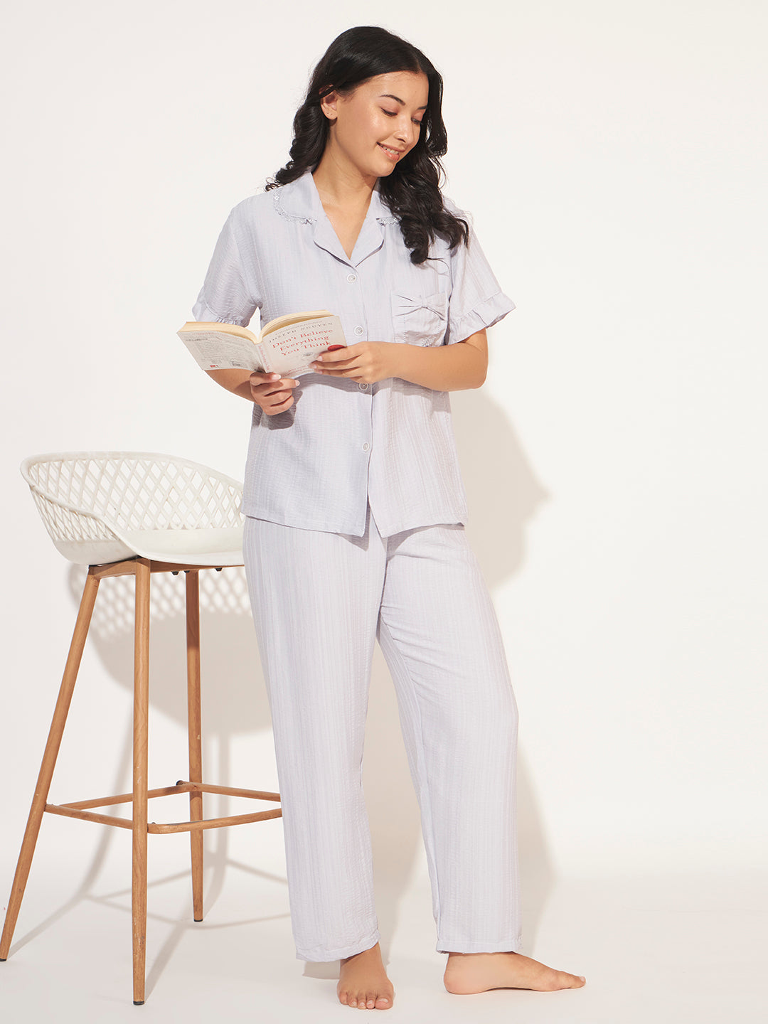 PADDED 3 PC KOREAN NIGHTSUIT SET OFF BLUE