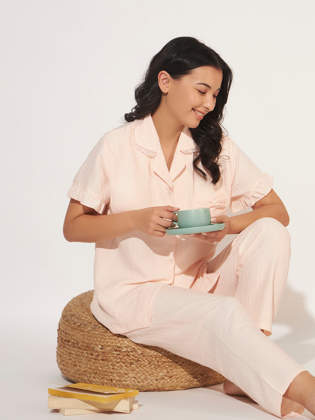 PADDED 3 PC KOREAN NIGHTSUIT SET PEACH