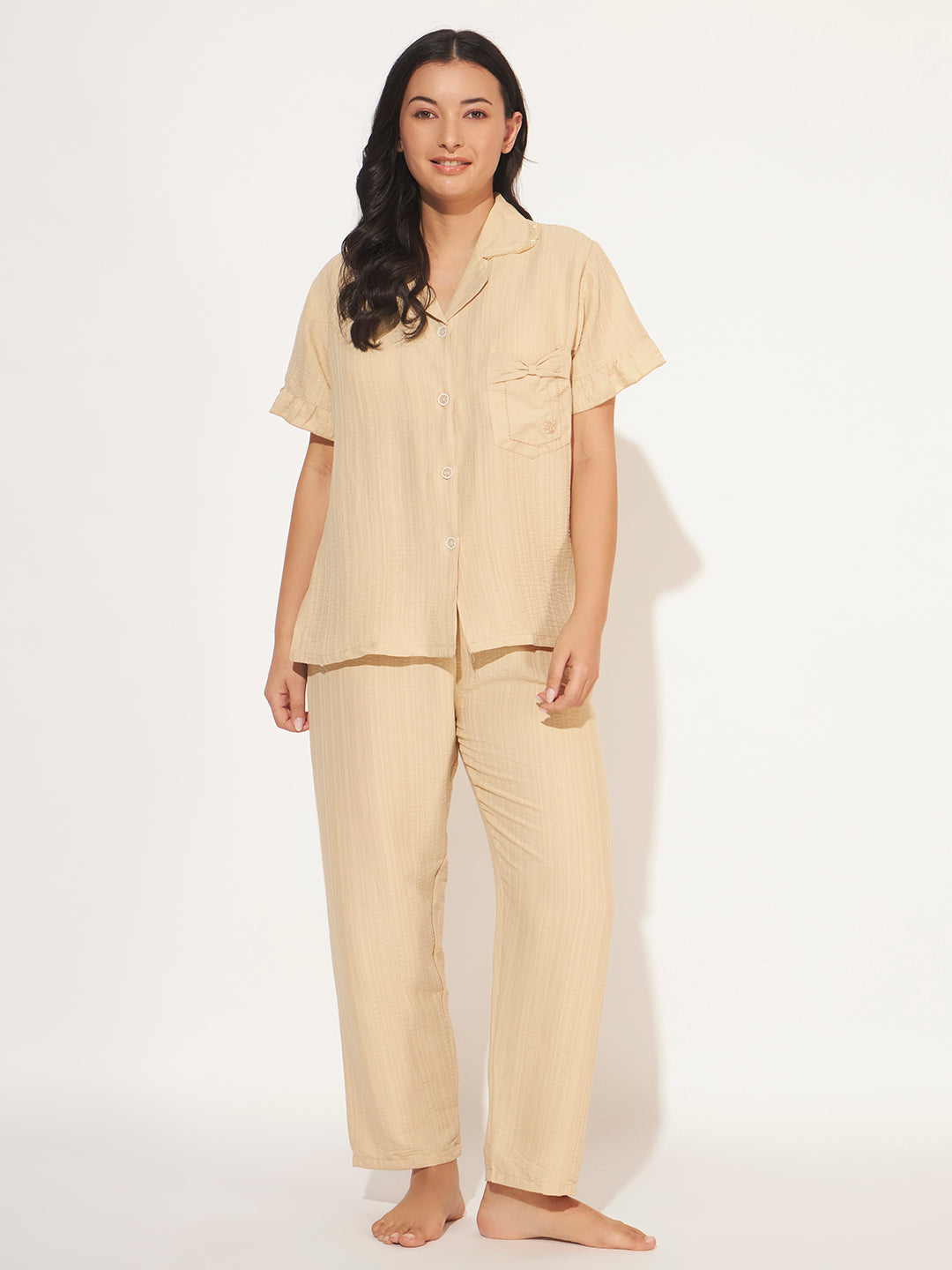 PADDED 3 PC KOREAN NIGHTSUIT SET SAND