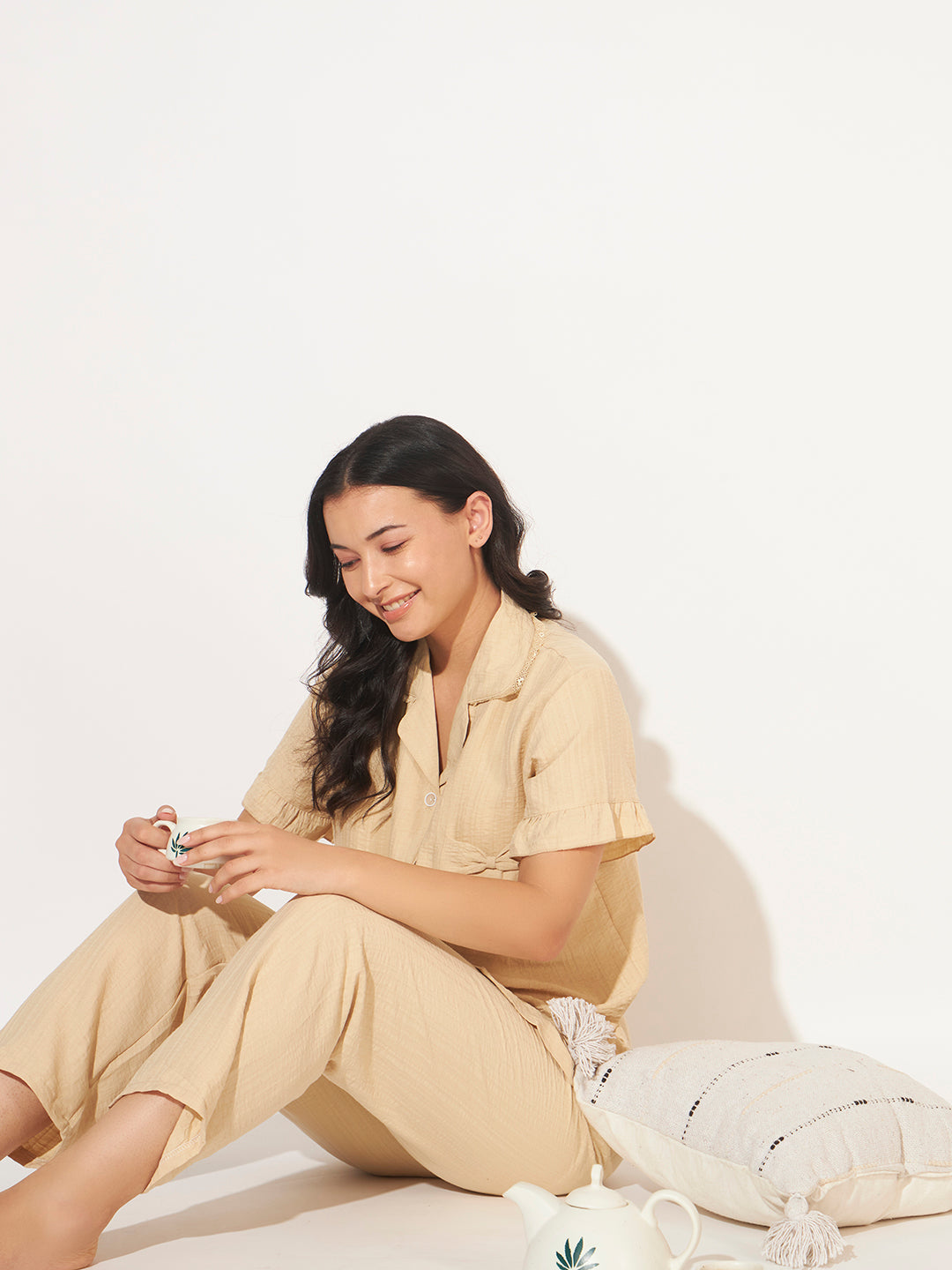 PADDED 3 PC KOREAN NIGHTSUIT SET SAND