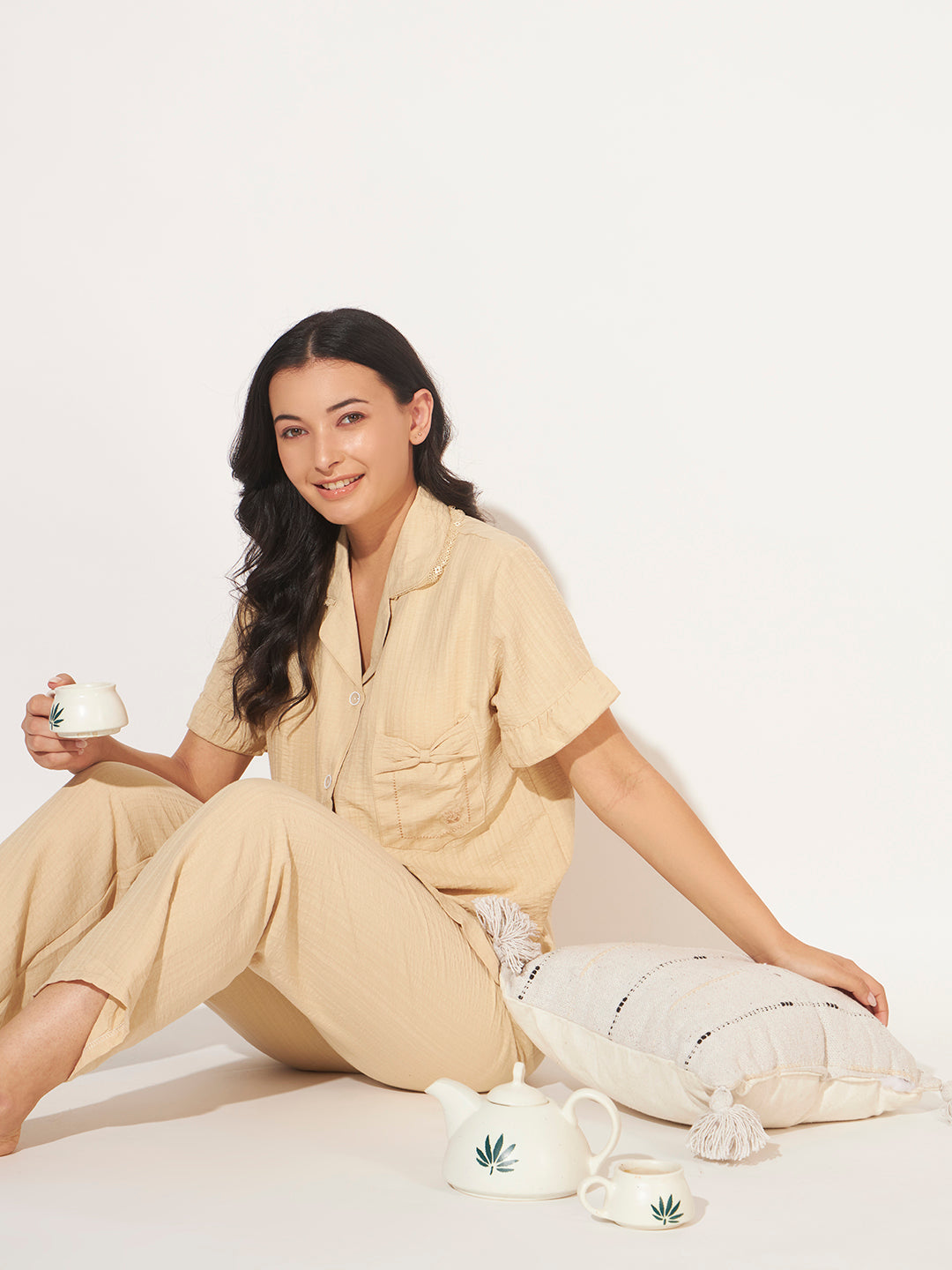PADDED 3 PC KOREAN NIGHTSUIT SET SAND