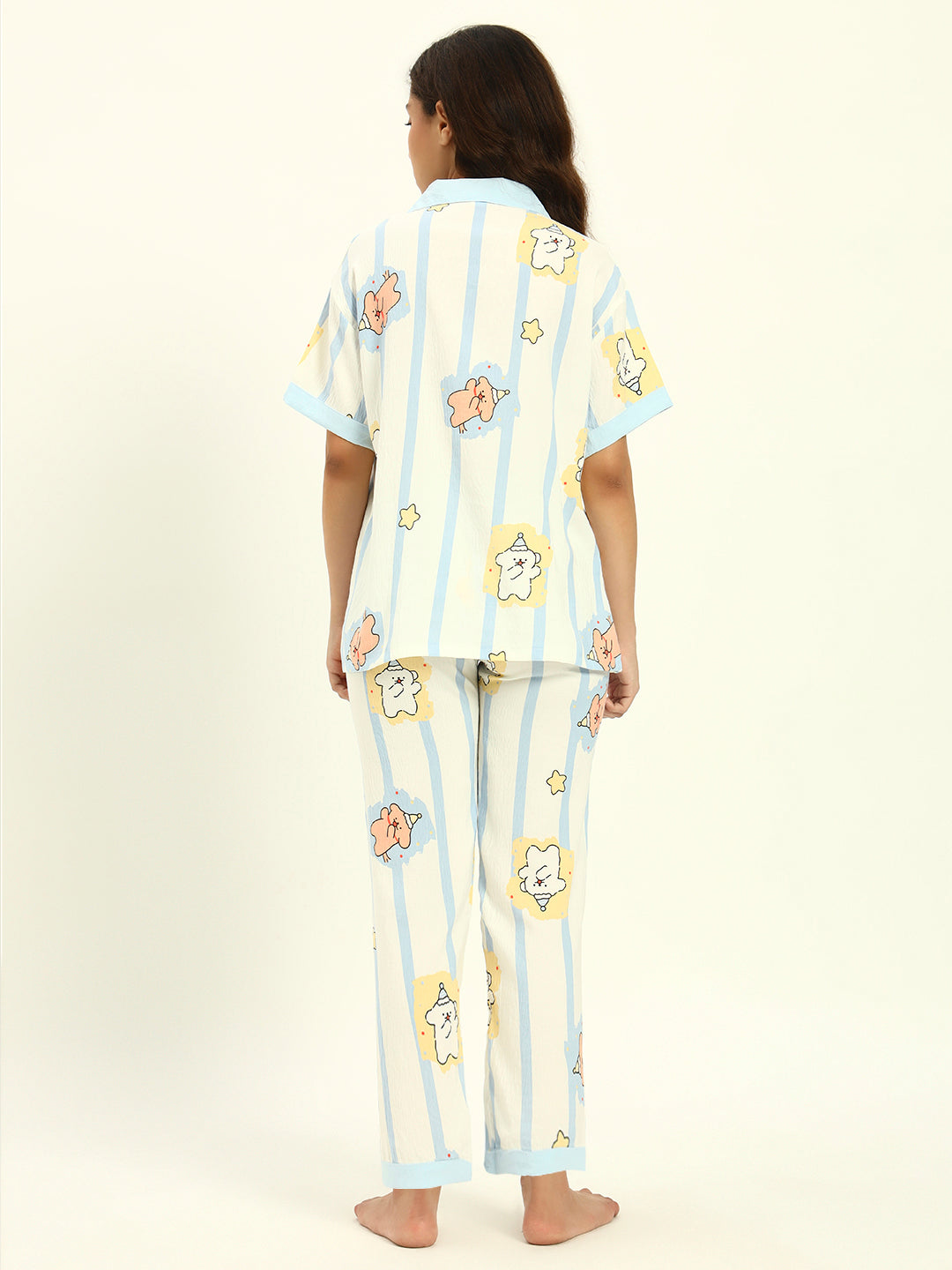 3 pc Korean Night suit Set-Blue White Printed