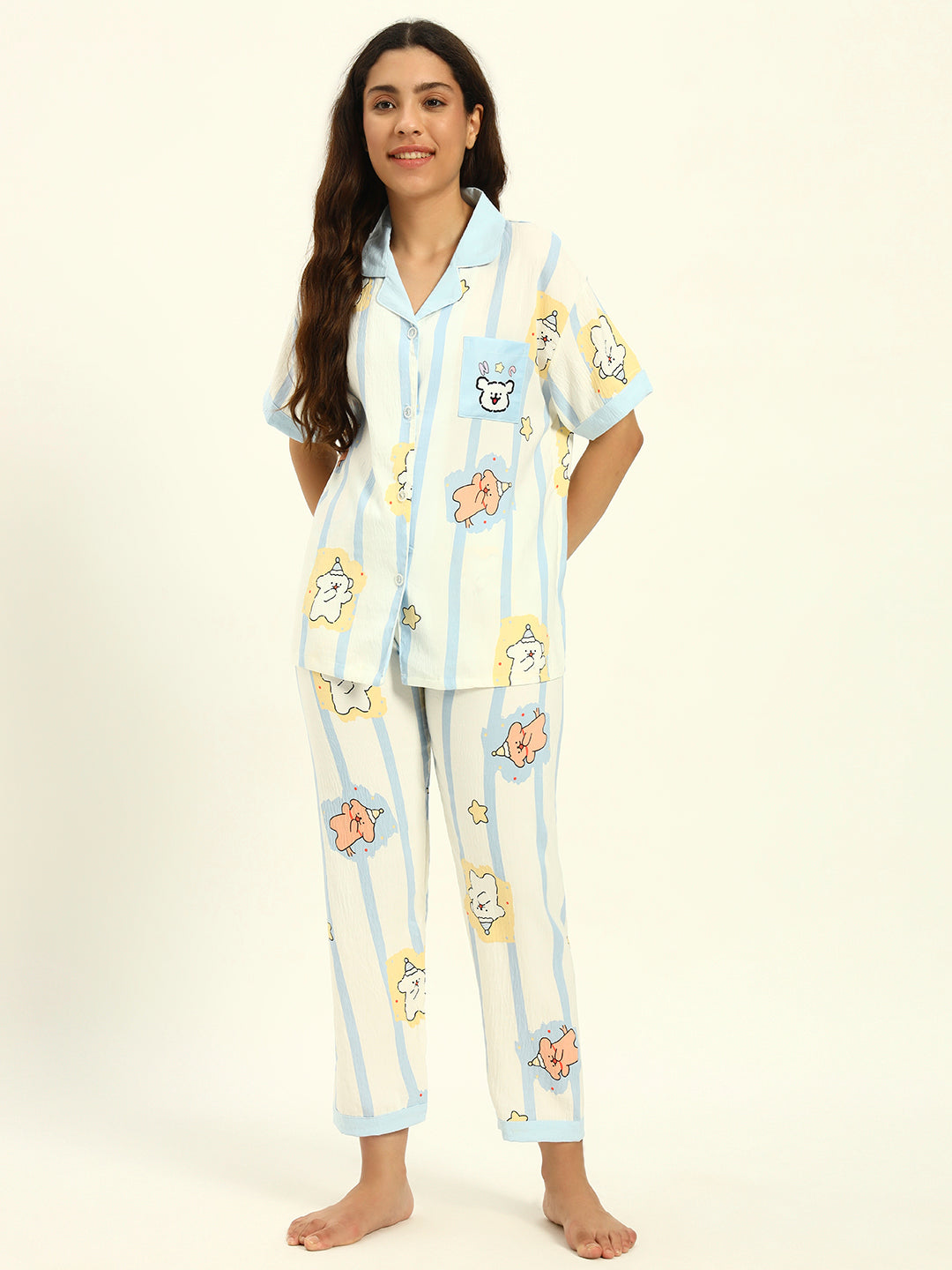 3 pc Korean Night suit Set-Blue White Printed