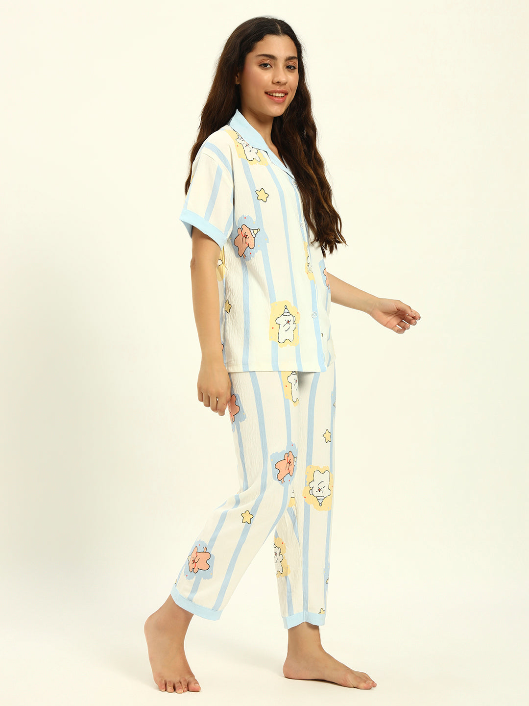 3 pc Korean Night suit Set-Blue White Printed