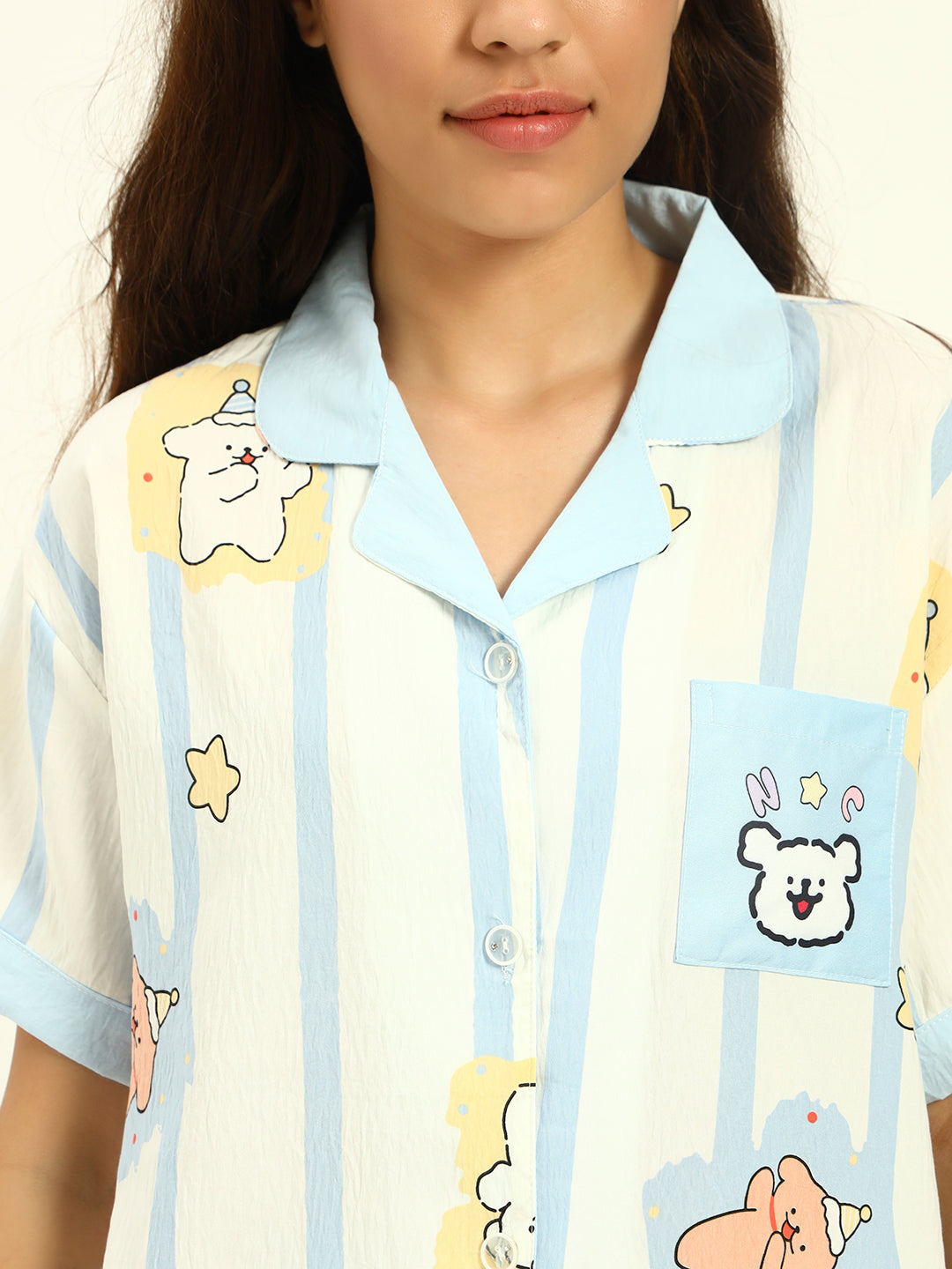 3 pc Korean Night suit Set-Blue White Printed