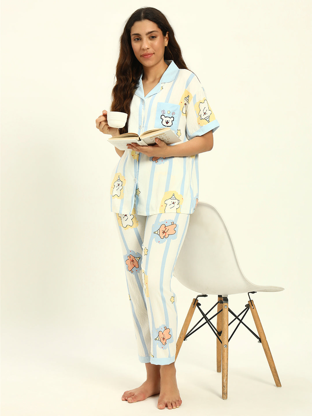 3 pc Korean Night suit Set-Blue White Printed