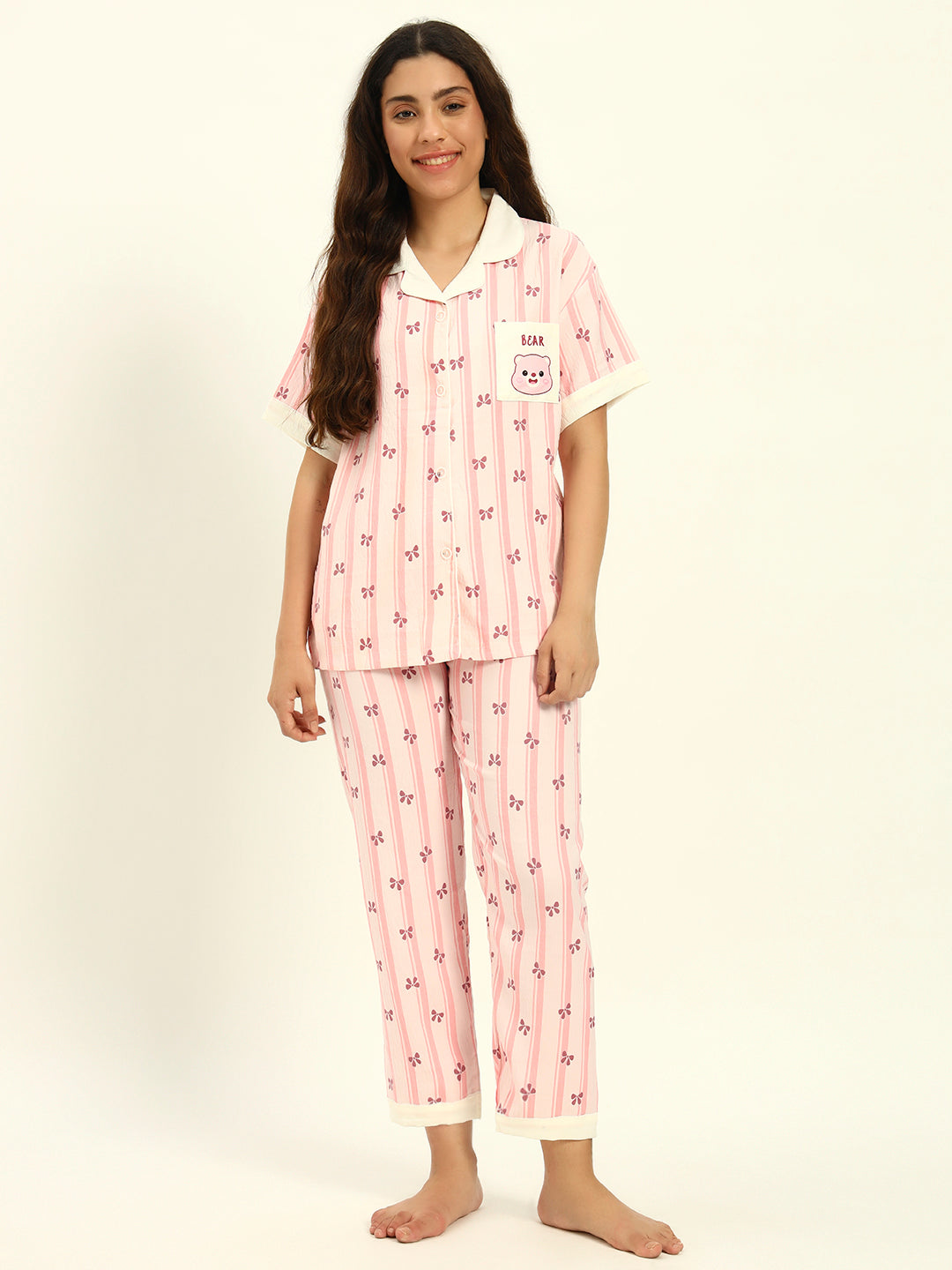 3 pc Korean Night suit Set-Pink Printed