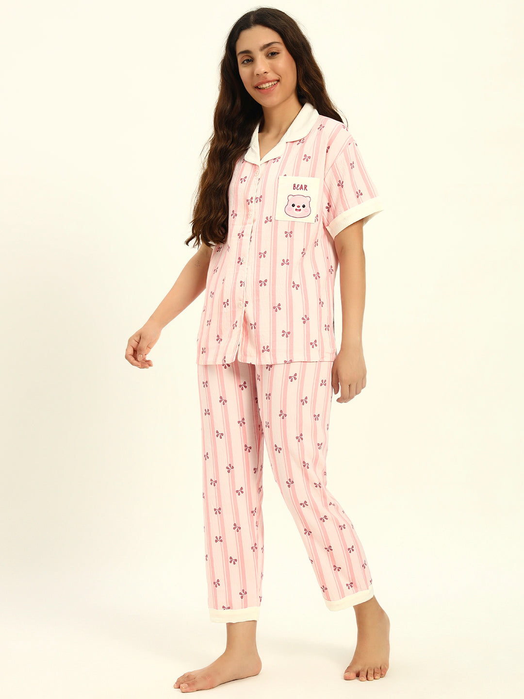 3 pc Korean Night suit Set-Pink Printed