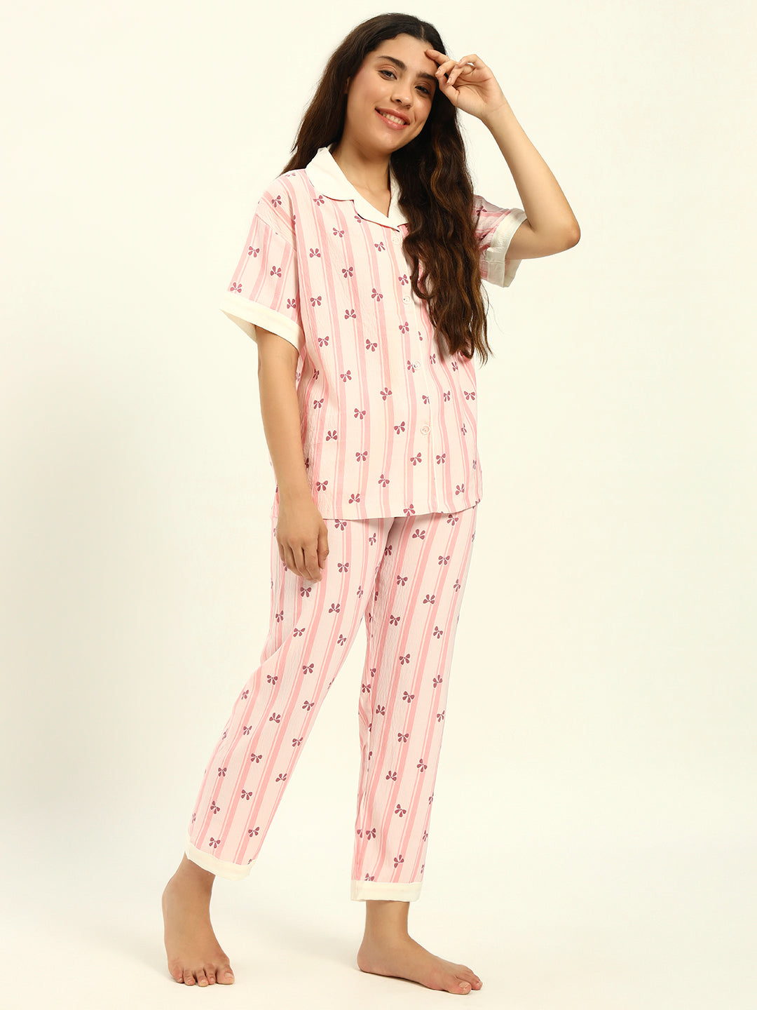 3 pc Korean Night suit Set-Pink Printed