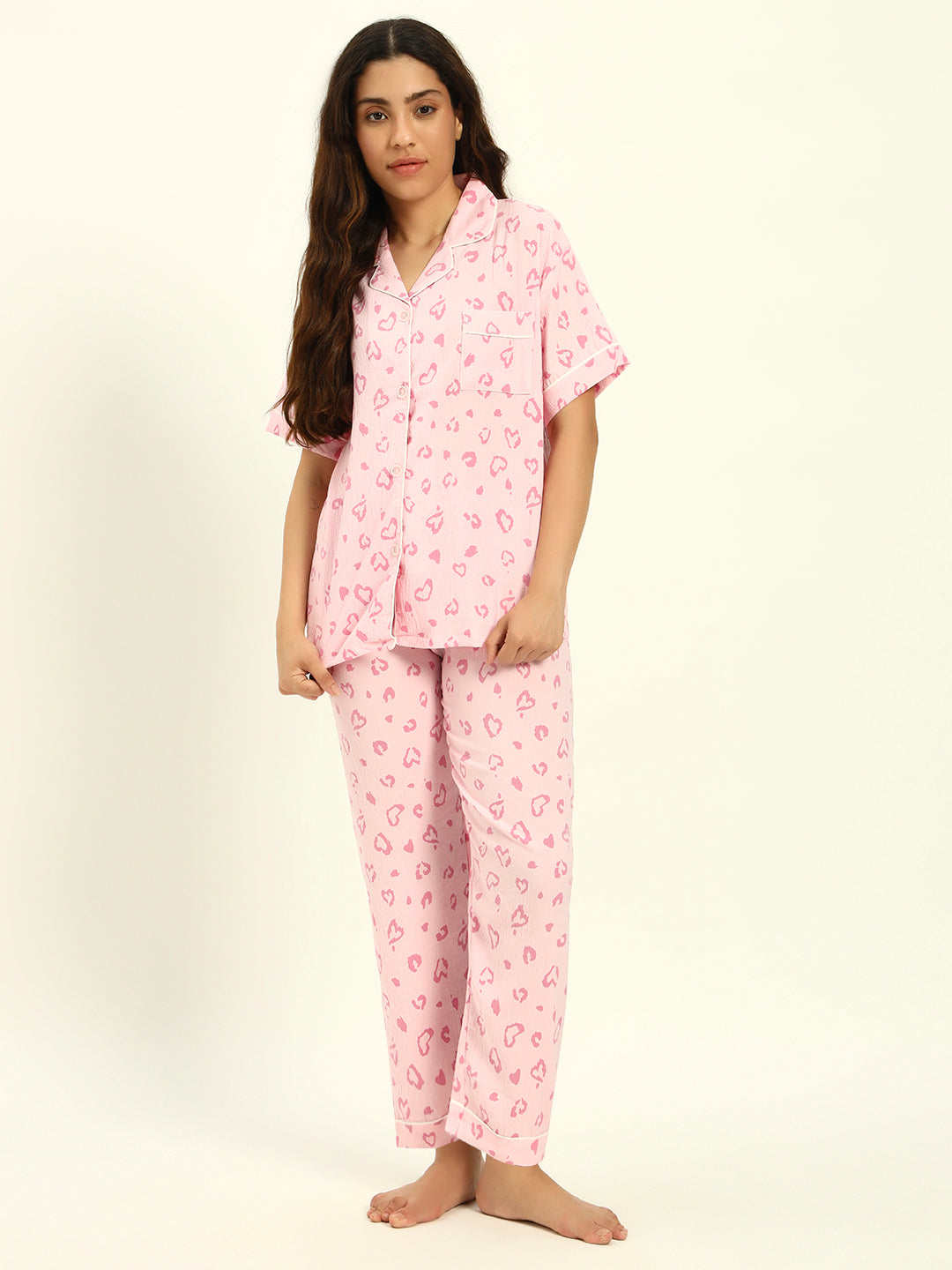 3 pc Korean Night suit Set-Pink Hearts