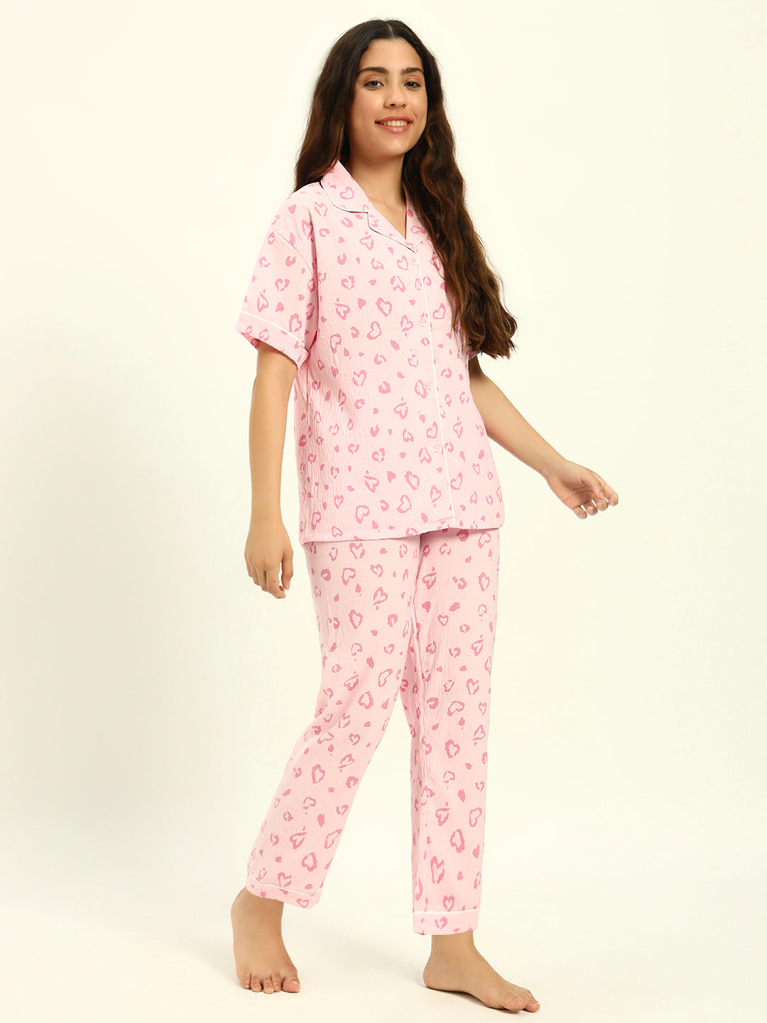 3 pc Korean Night suit Set-Pink Hearts