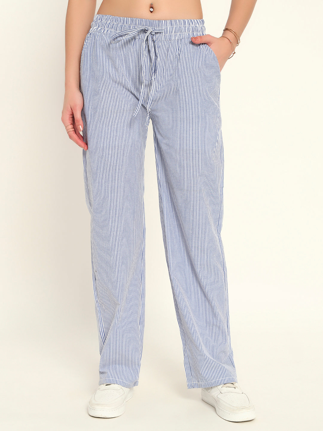Women's Striped Cotton Lounge Pants-Blue