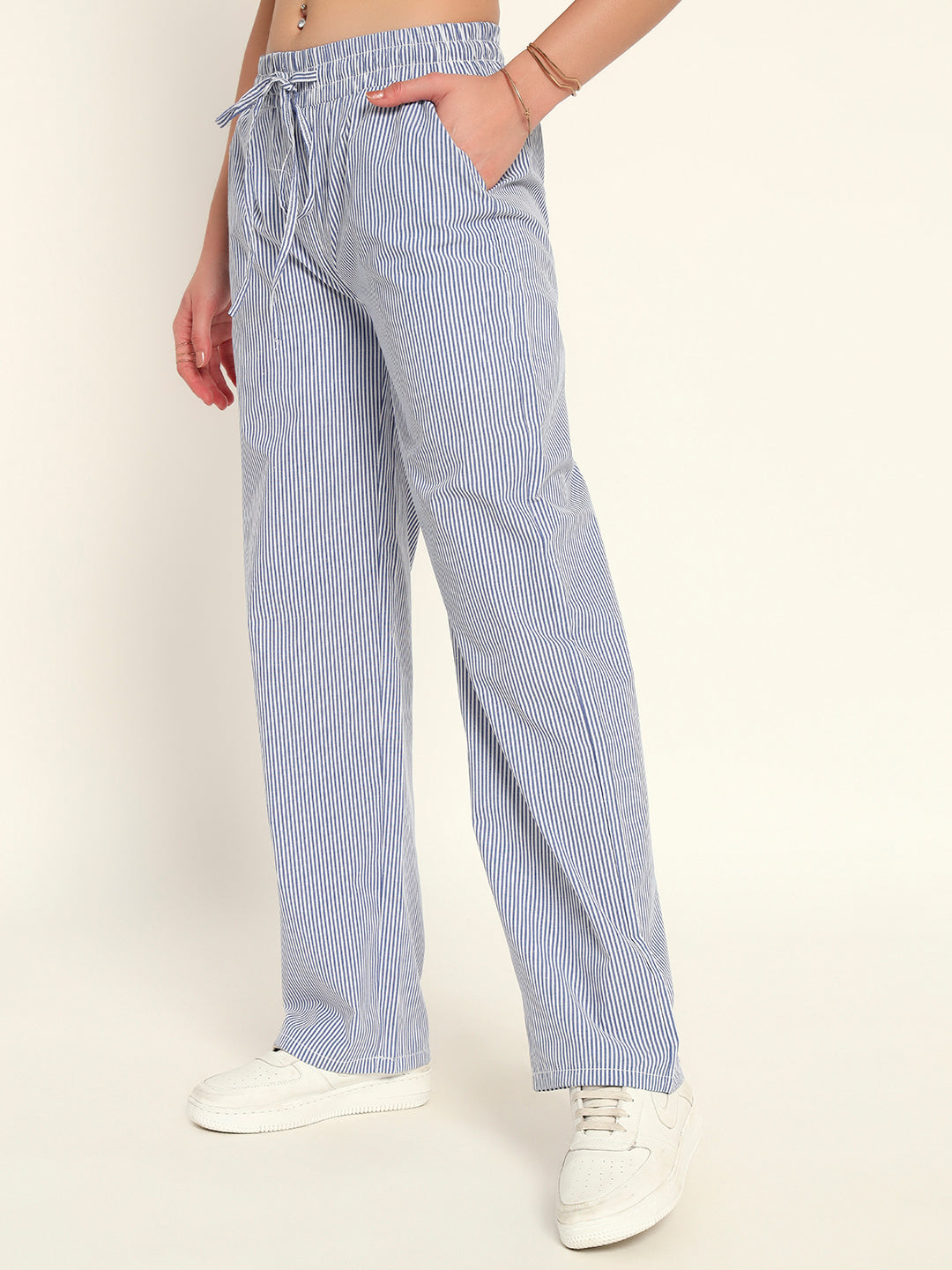 Women's Striped Cotton Lounge Pants-Blue