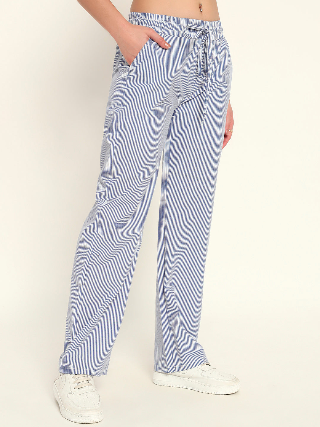 Women's Striped Cotton Lounge Pants-Blue