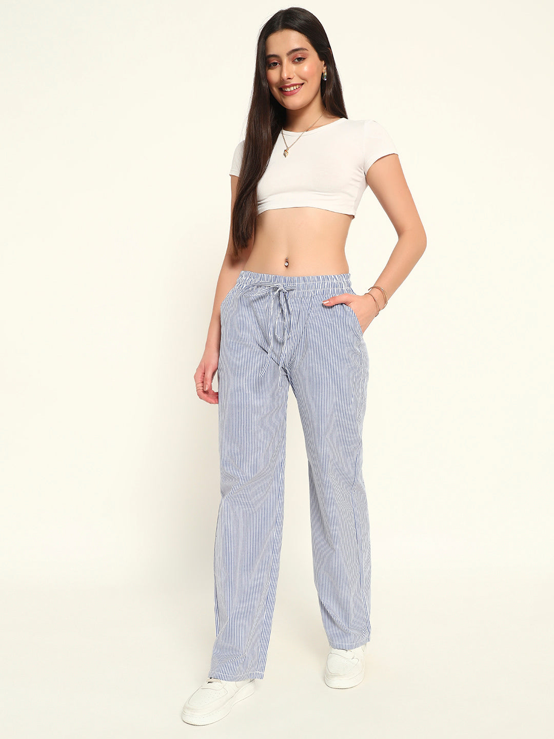 Women's Striped Cotton Lounge Pants-Blue