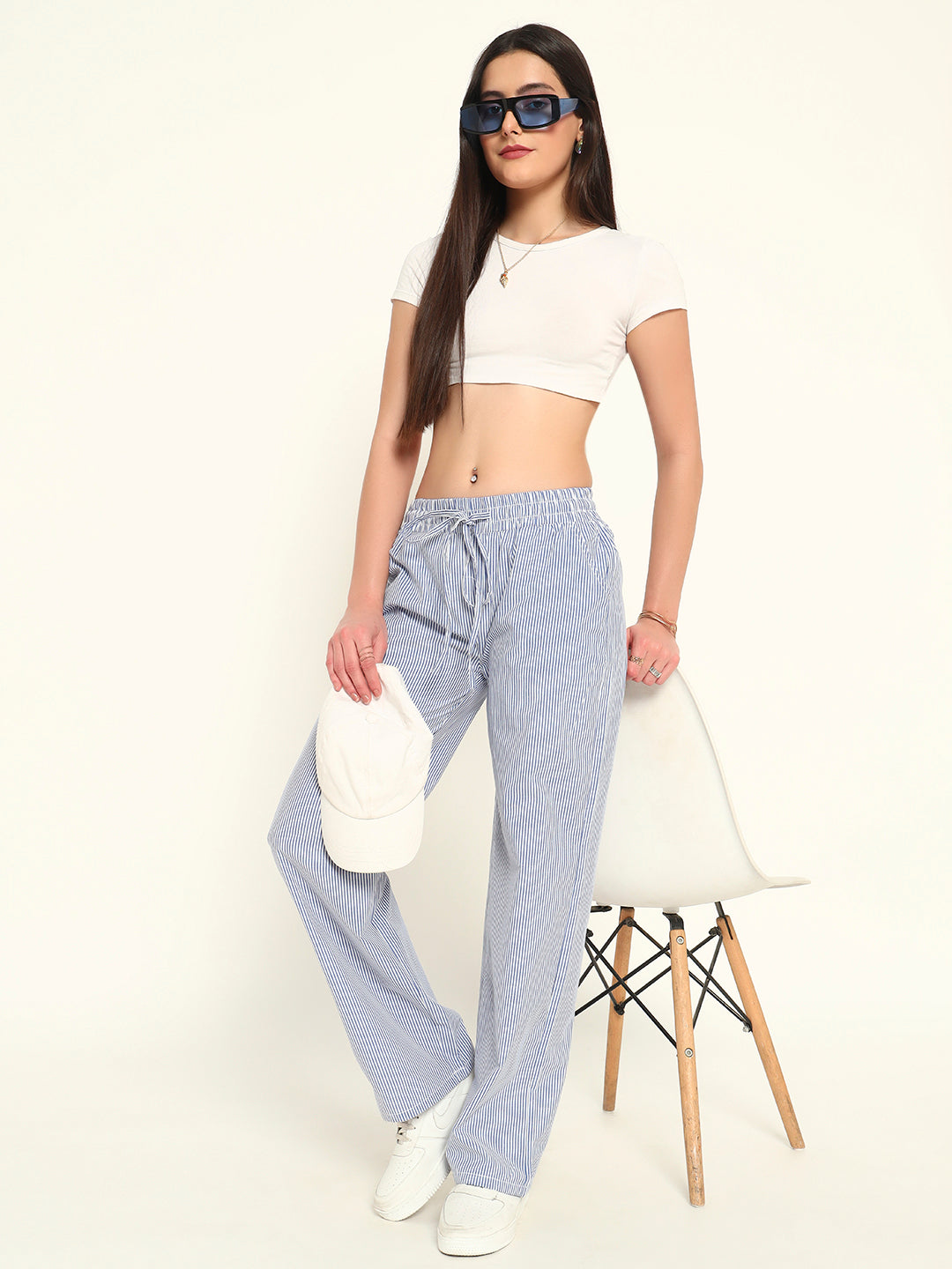 Women's Striped Cotton Lounge Pants-Blue