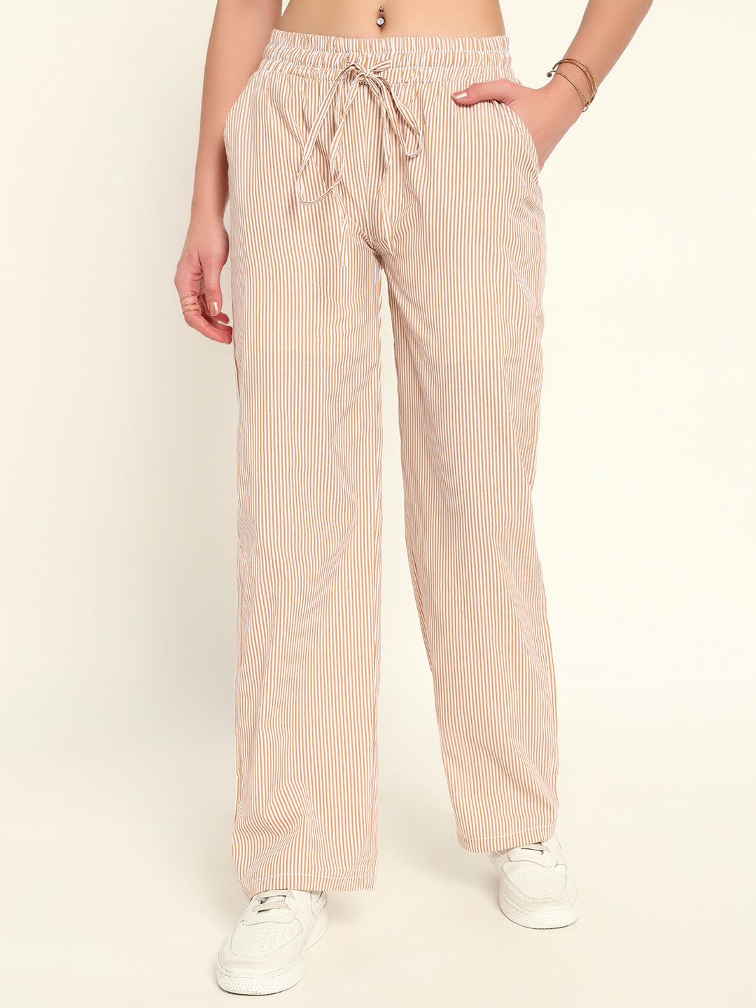 Women's Striped Cotton Lounge Pants-Beige